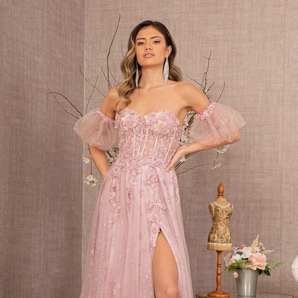 NEW LONG OFF SHOULDERS SLEEVELESS EMBROIDERED MESH GOWN WITH LACE UP BACK GL3126 - Picture 1 of 13